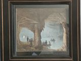 tableau représentant des personnes dans un bateau, dans une grotte au bord d'une rivière