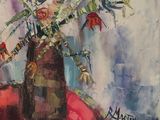 a painting of a vase of flowers on a table