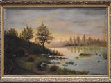 an image of a painting of a river with cows in the water