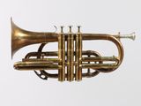 a brass trumpet that is sitting on a table