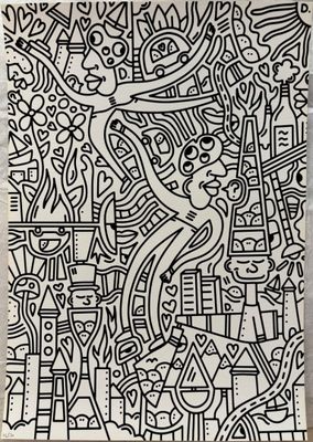 un dessin en noir et blanc représentant une femme dans une ville