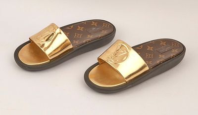 pair of louis vuitti slides with gold metal hardware