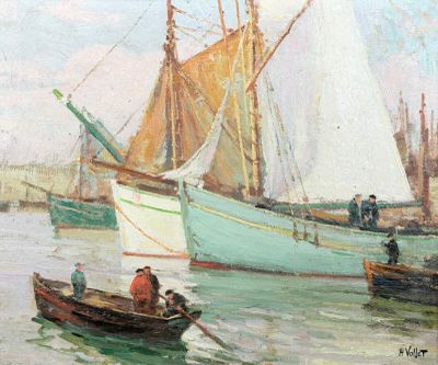 a painting of a group of boats in the water