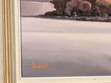 a painting of a man riding a skateboard on the beach