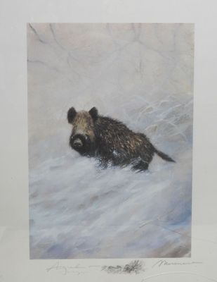 tableau représentant un ours dans la neige sur fond blanc