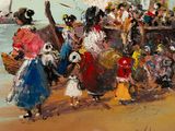 a painting of a group of people walking on the beach