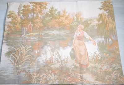 painting of a woman walking by a river with a basket in her hand