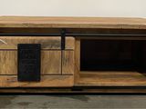 an image of a wooden tv stand with a sliding door
