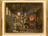 une peinture à l'huile représentant deux hommes travaillant dans une forge