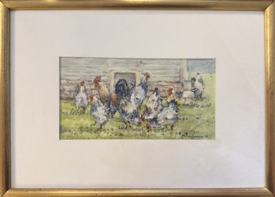 painting of a group of chickens in a field with a barn in the background