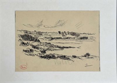 dessin d'un paysage avec des arbres et une rivière au premier plan