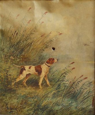 painting of a brown and white dog in a grassy field with a bird in the sky