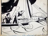 drawing of a man and a woman in a boat in the water