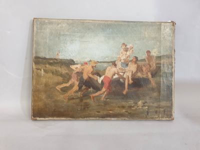 un vieux tableau représentant un groupe de personnes jouant avec un chien
