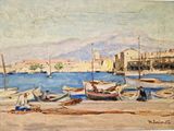 tableau représentant une scène de port avec des bateaux et des personnes assises sur le sable