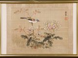 an image of a painting of a bird on a branch with flowers