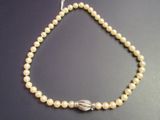 a close up of a necklace with pearls on a table