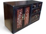 an image of a black and red cabinet with drawers and drawers