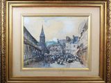une image représentant une peinture d'une scène de rue avec le clocher d'une église en arrière-plan