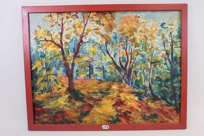 a painting on the wall of a room with a red frame