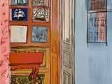 a painting of a room with a door and a window