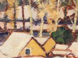 a painting of a house in the snow by the water