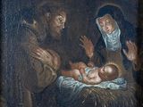 une image représentant une peinture d'une crèche avec un bébé dans la crèche