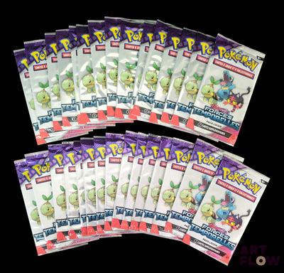 six packs of pokemon figurines are lined up on a black background