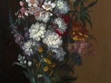 painting of flowers in a vase on a table with a brown background
