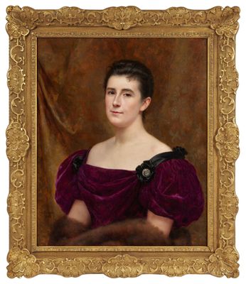 un tableau représentant une femme vêtue d'une robe violette et portant une étole en fourrure