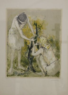 un tableau représentant une femme aidant un chien à planter un arbre