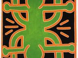 une image représentant un tableau aux couleurs vertes et orange sur fond noir