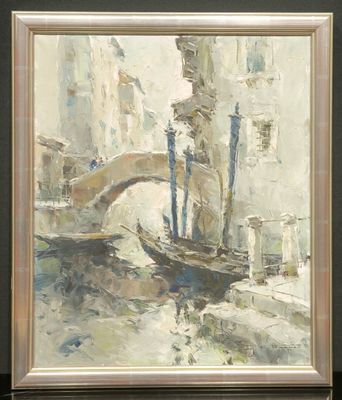 une peinture à l'huile représentant un bateau sur une rivière, avec un pont en arrière-plan
