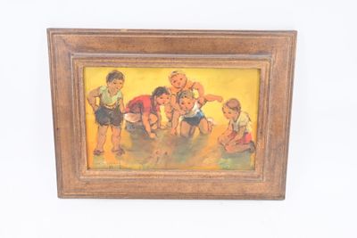 un tableau représentant un groupe d'enfants jouant dans le sable