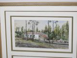 framed watercolor painting of a house and trees in a country setting