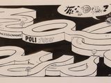 un dessin en noir et blanc représentant une sorte de graffiti