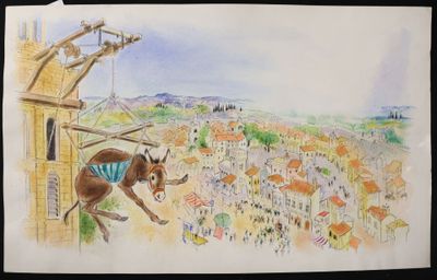 painting of a donkey hanging from a building with a city in the background