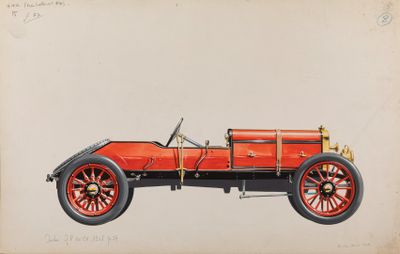 dessin d'une vieille voiture rouge avec des jantes rouges et des roues rouges