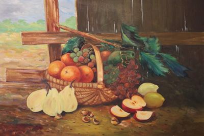une peinture représentant une corbeille de fruits sur une table
