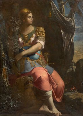 une image d'une peinture représentant une femme assise sur un rocher
