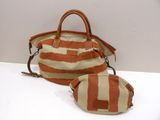 striped handbag and pouch on a white surface
