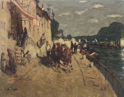 tableau représentant un groupe de personnes marchant dans une rue au bord d'un plan d'eau