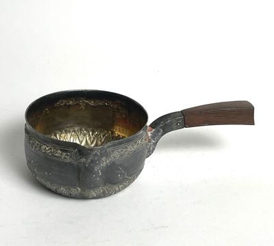 a small saucepan with a wooden handle on a white surface