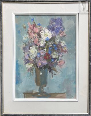 une peinture de fleurs dans un vase sur une table