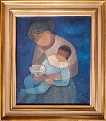 a painting of a woman holding a baby in her arms