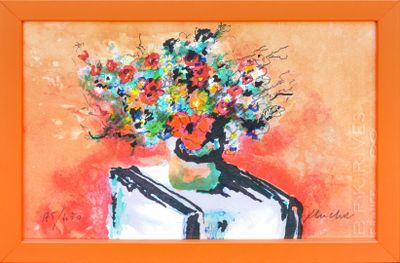 une peinture représentant un vase de fleurs sur une table