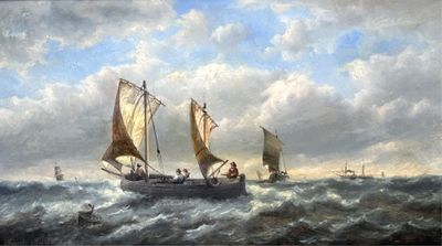 une peinture représentant un voilier en mer, avec d'autres bateaux en arrière-plan