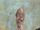a painting of a child holding a mask in front of a man