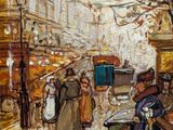 an oil painting of people walking down a city street in the rain