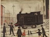 tableau représentant un groupe de personnes debout autour d'un train sur une voie ferrée
